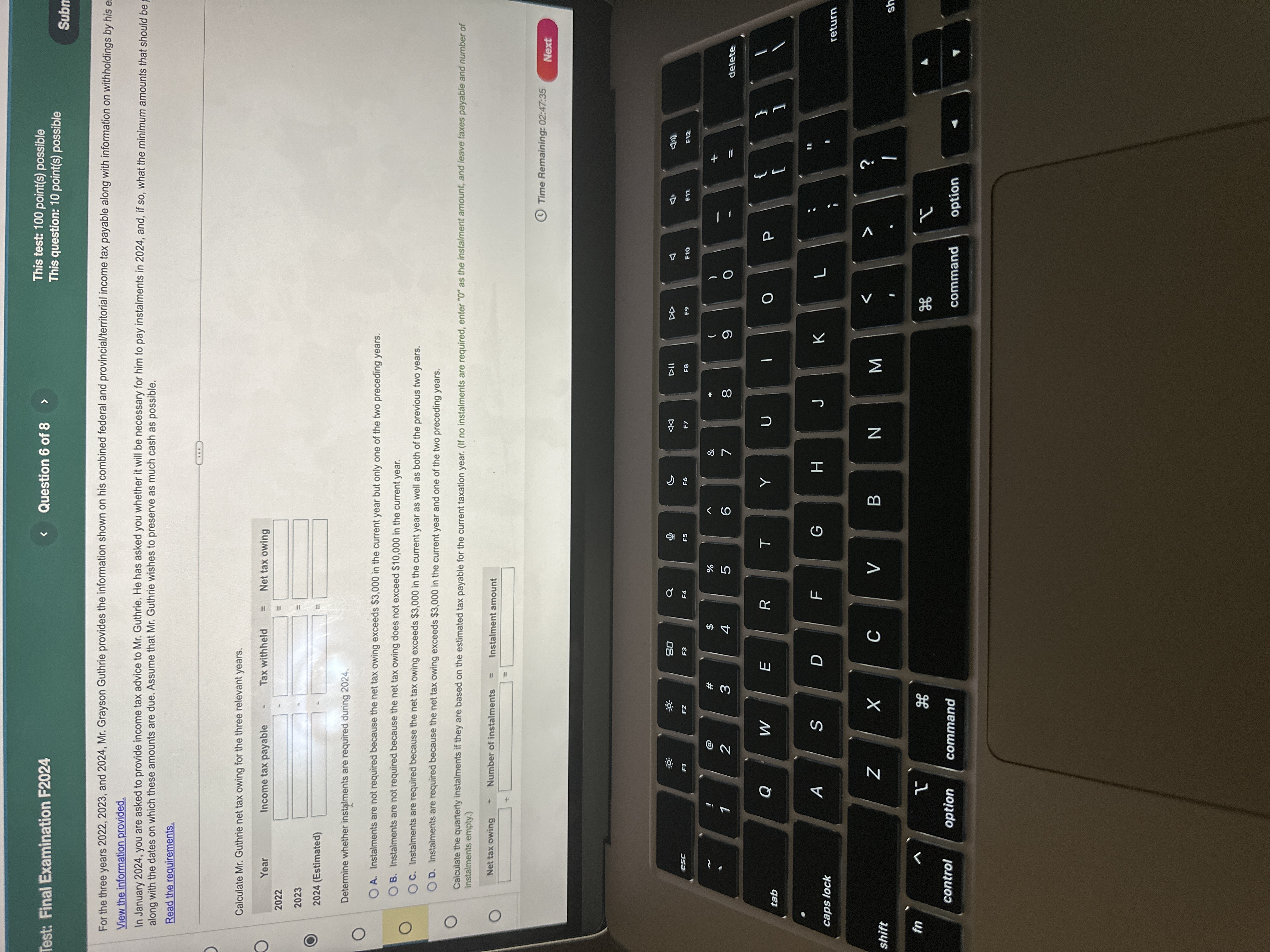 This test: 100 point(s) possible Test: Final