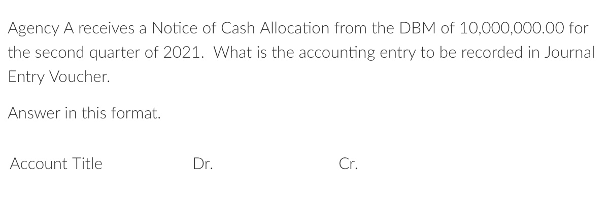Agency A receives a Notice of Cash Allocation