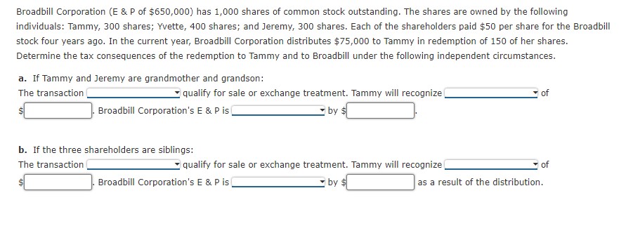 Broadbill Corporation (E & P of $650,000) has