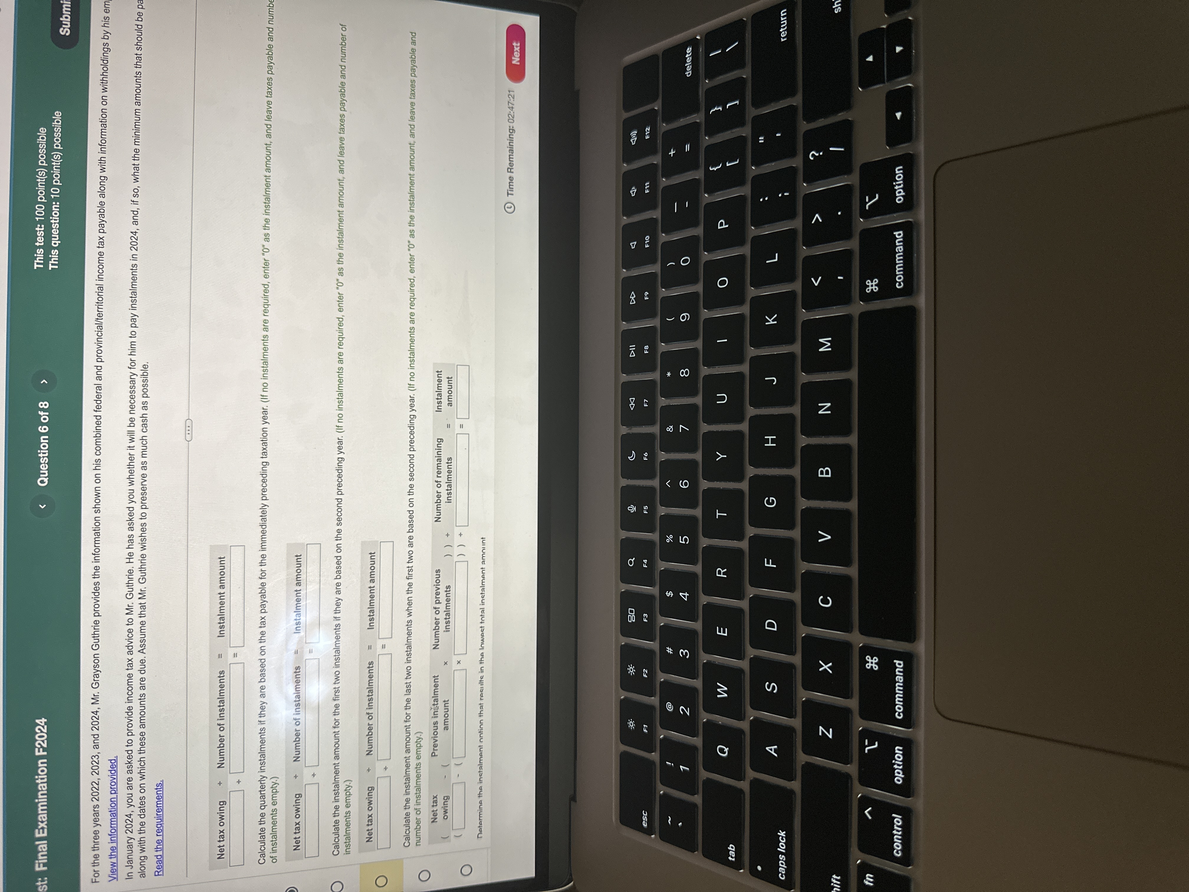 This test: 100 point(s) possible Test: Final