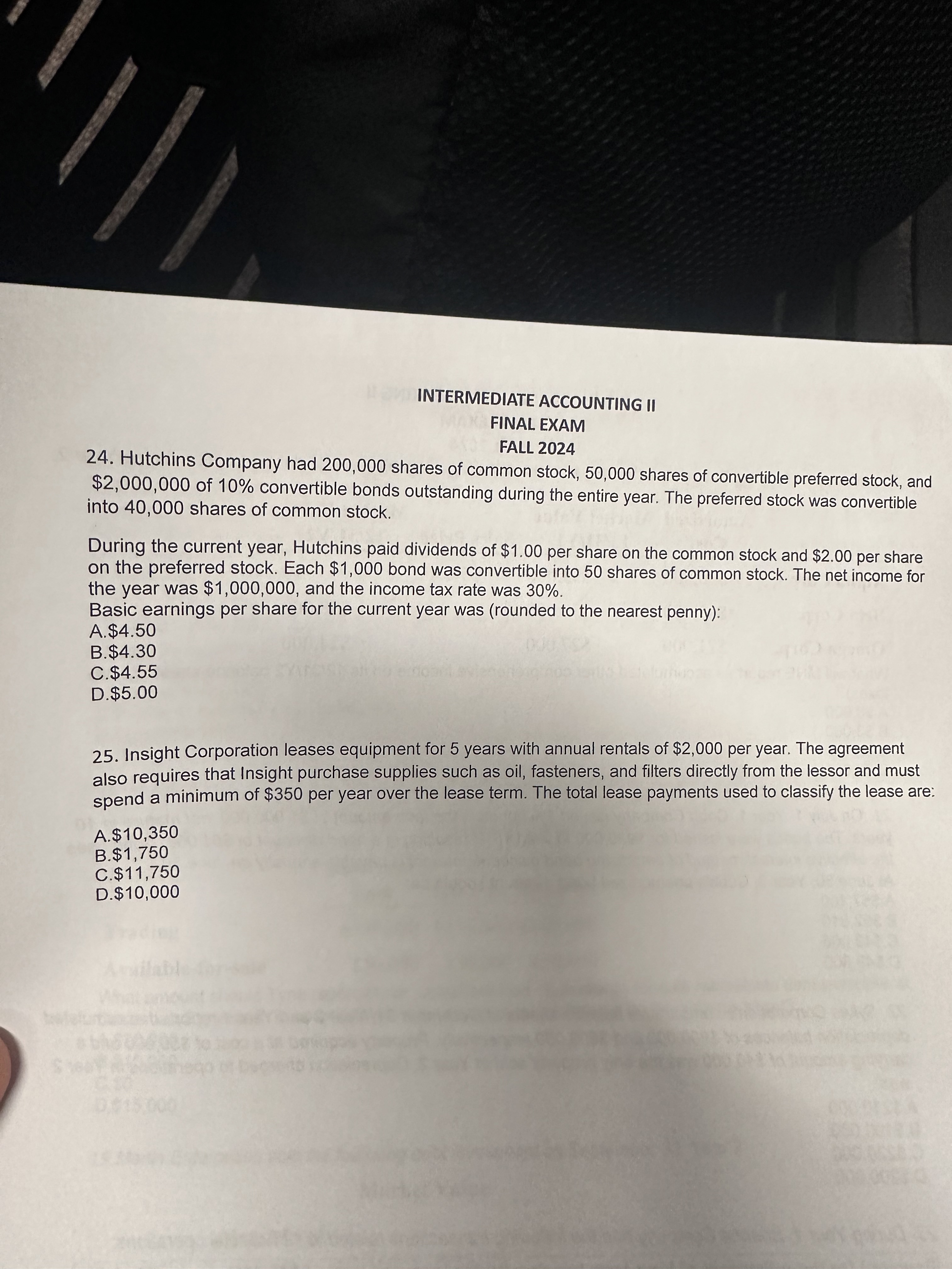 INTERMEDIATE ACCOUNTING II FINAL EXAM FALL 2 0 2