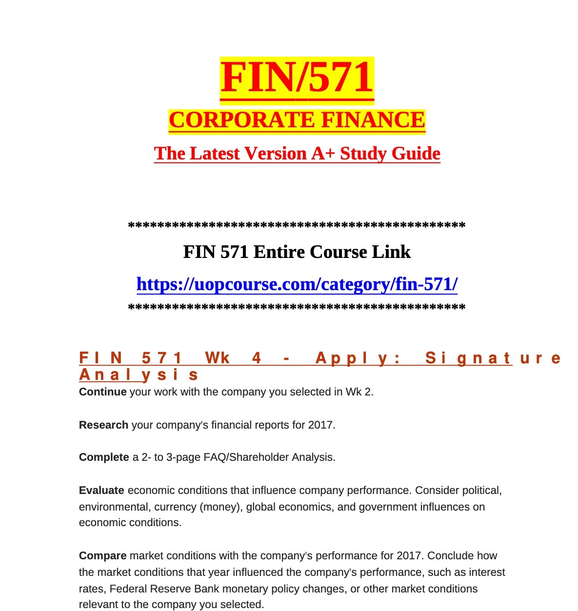 FIN/571 CORPORATE FINANCE The Latest Version A+