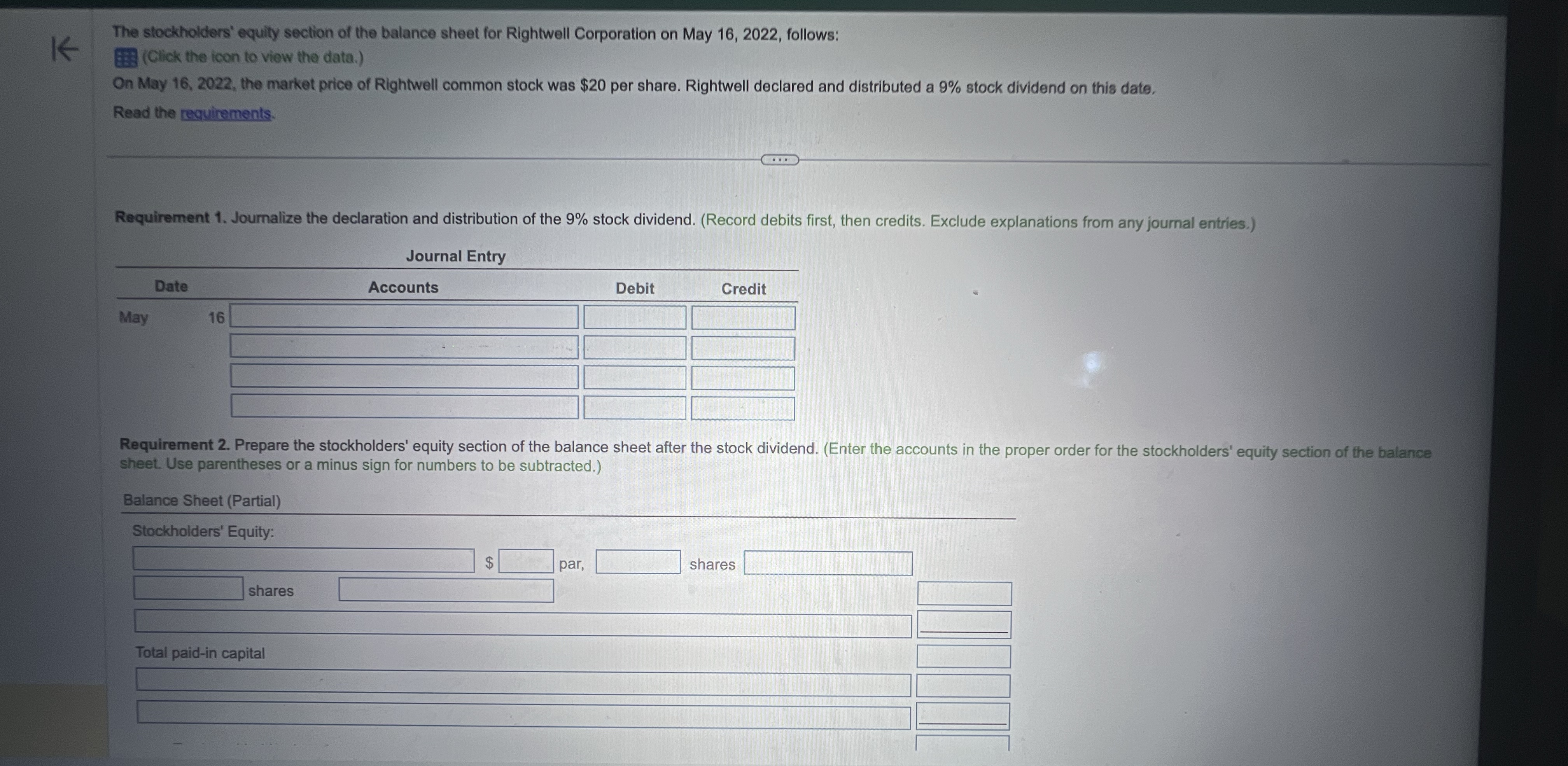 The stockholders' equity section of the balance