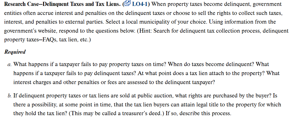 Research CaseDelinquent Taxes and Tax Liens. (