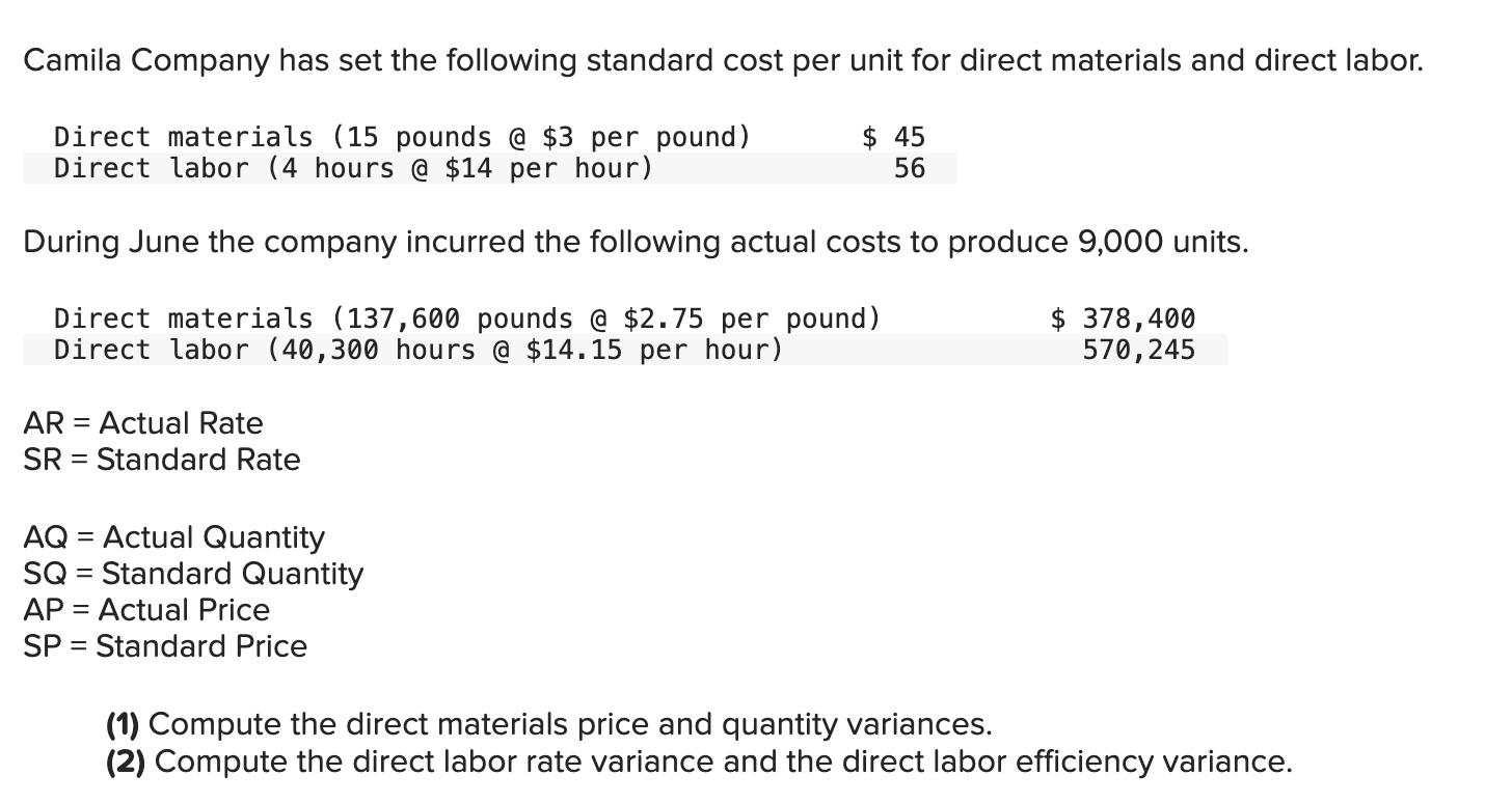 Camila Company has set the following standard