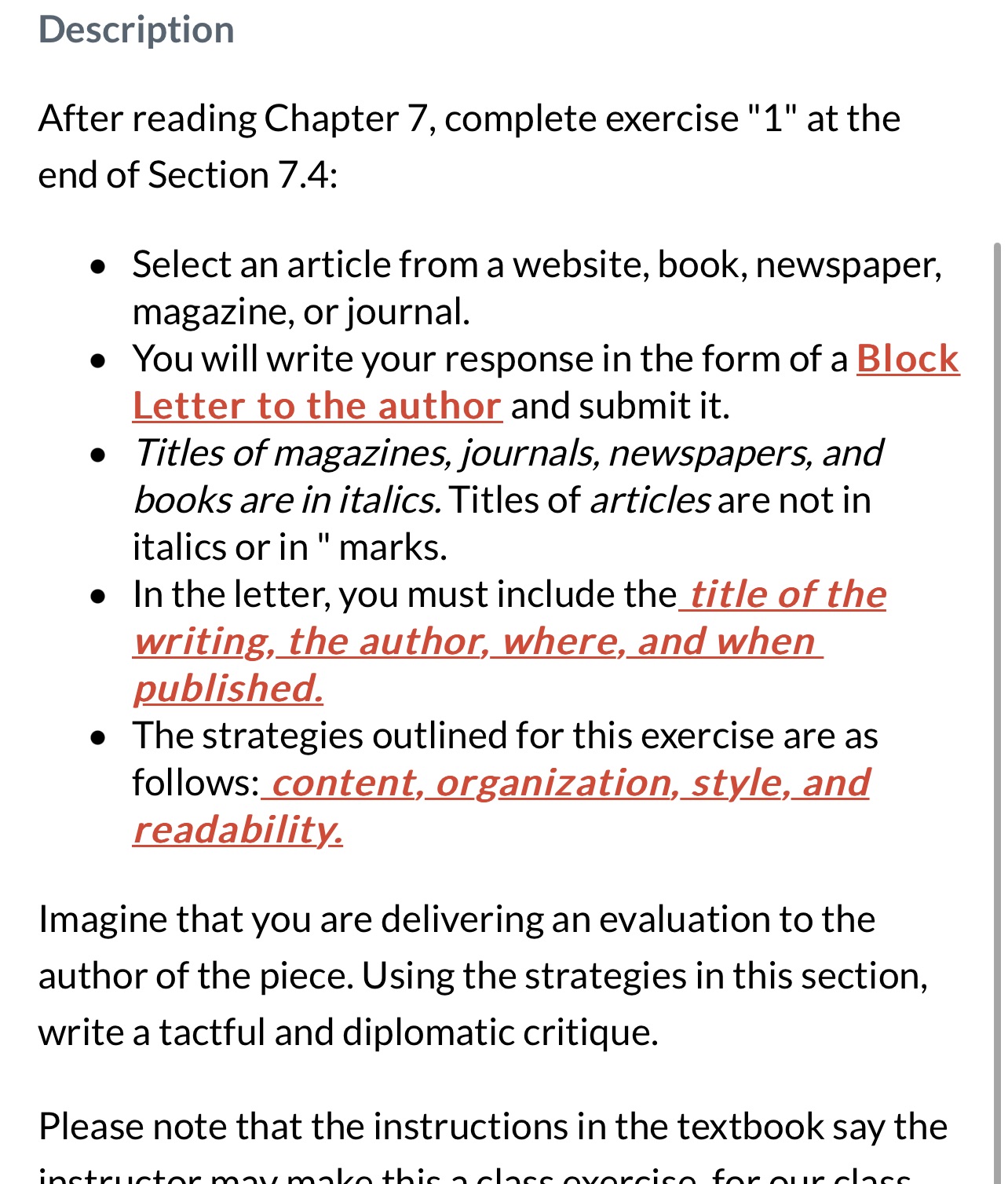 Description After reading Chapter 7, complete