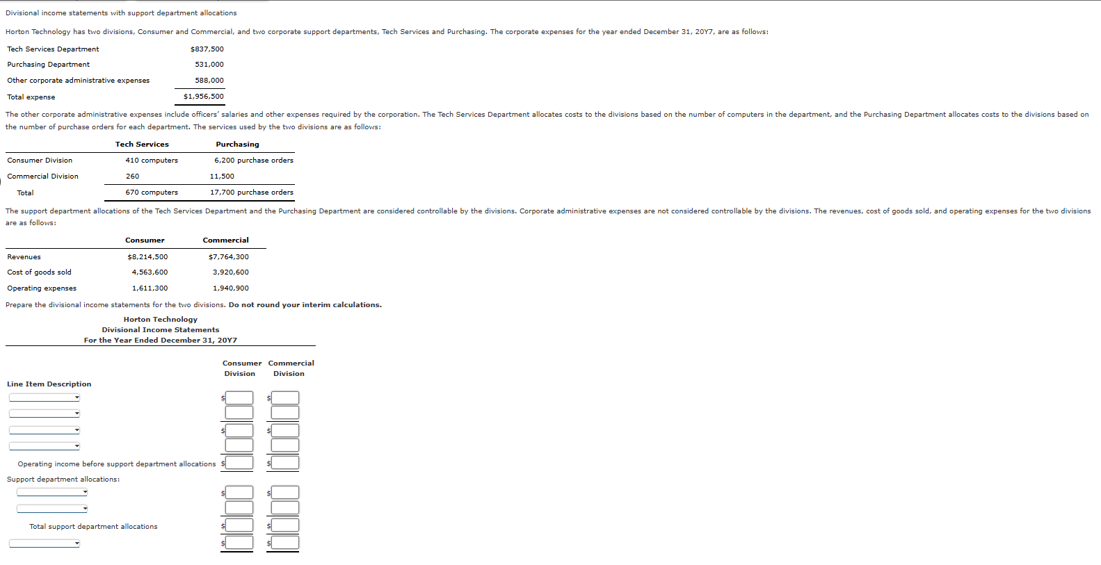 Divisional income statements with support