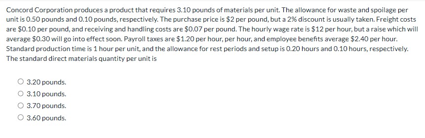 Concord Corporation produces a product that