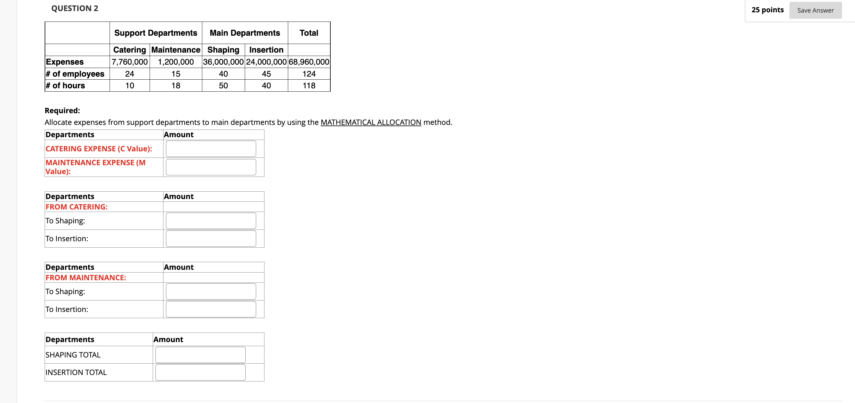 QUESTION 2 Required: Allocate expenses from