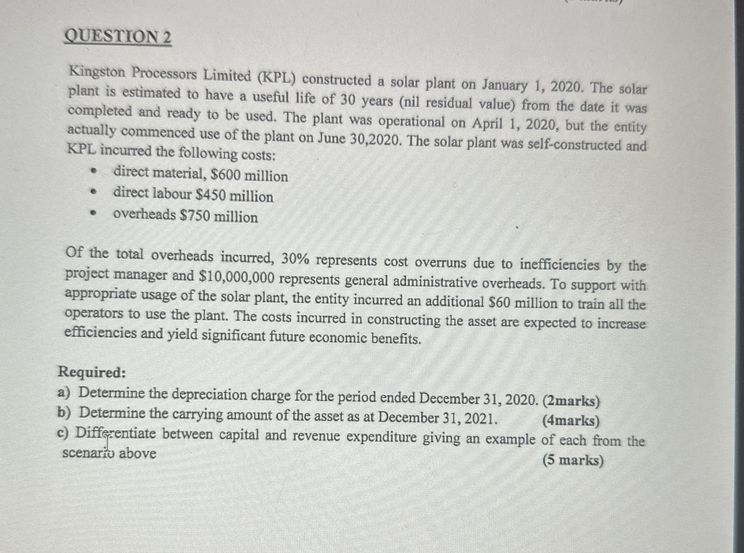 QUESTION 2 Kingston Processors Limited ( KPL )