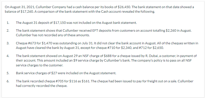 On August 31, 2021, Cullumber Company had a cash