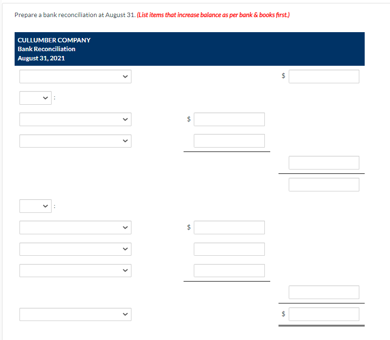 On August 31, 2021, Cullumber Company had a cash