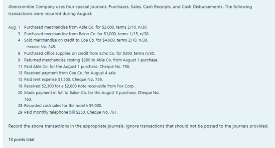 Abercrombie Company uses four special journals: