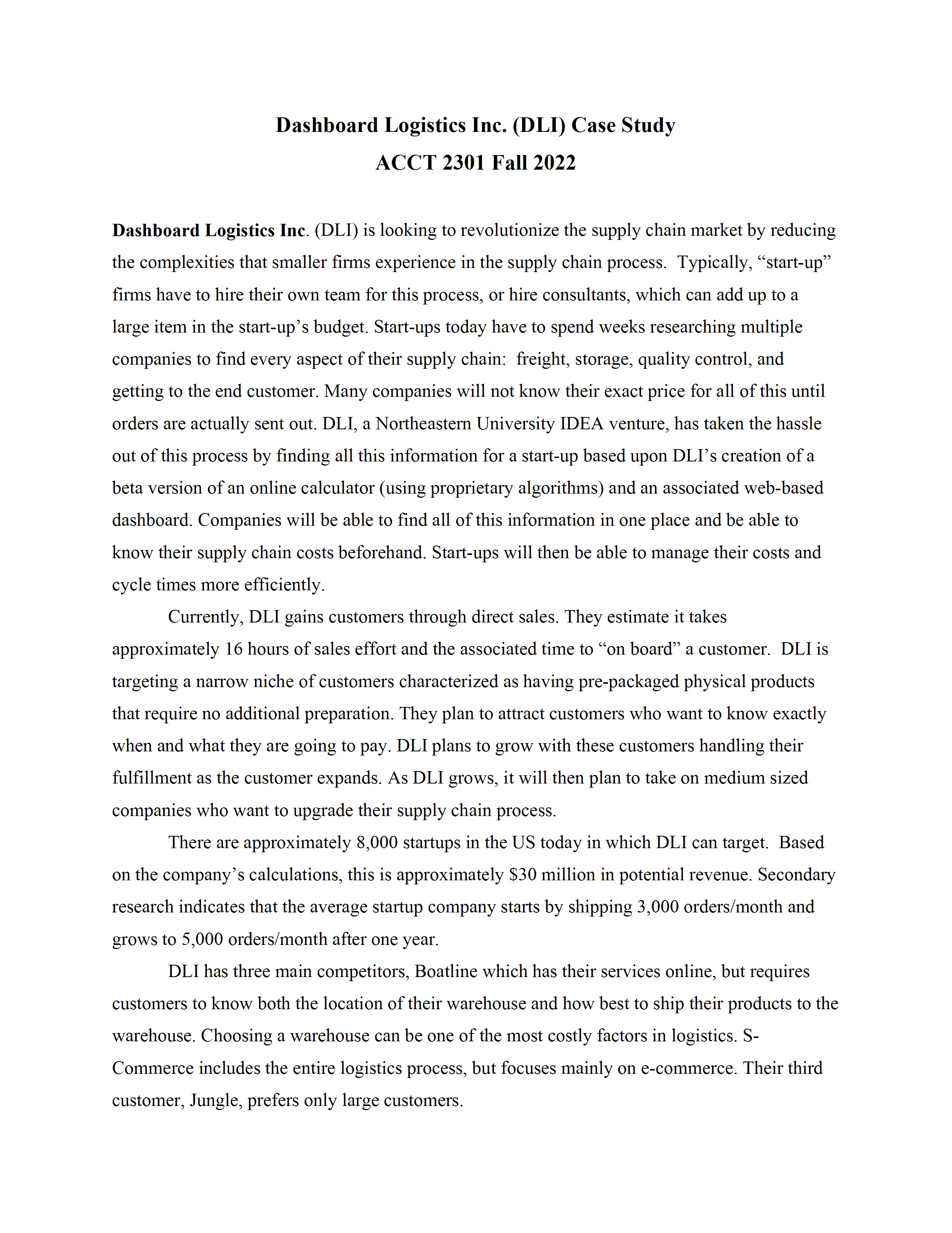 Dashboard Logistics Inc. (DLI) Case Study ACCT