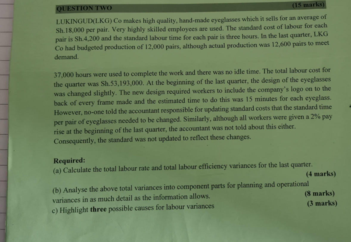QUESTION TWO ( 1 5 marks ) LUKINGUD ( LKG ) Co