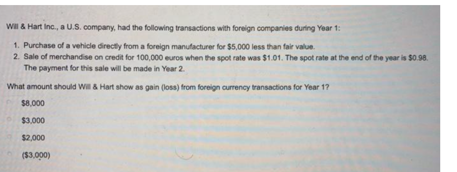 please help Will & Hart Inc., a U.S. company, had
