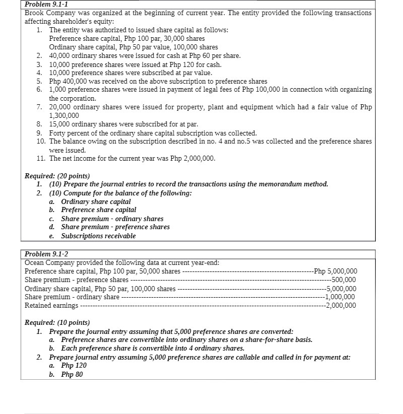 Problem 9.1-1 Brook Company was organized at the