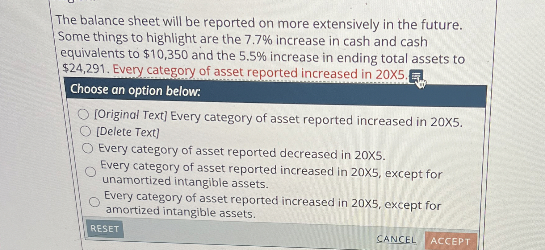 The balance sheet will be reported on more