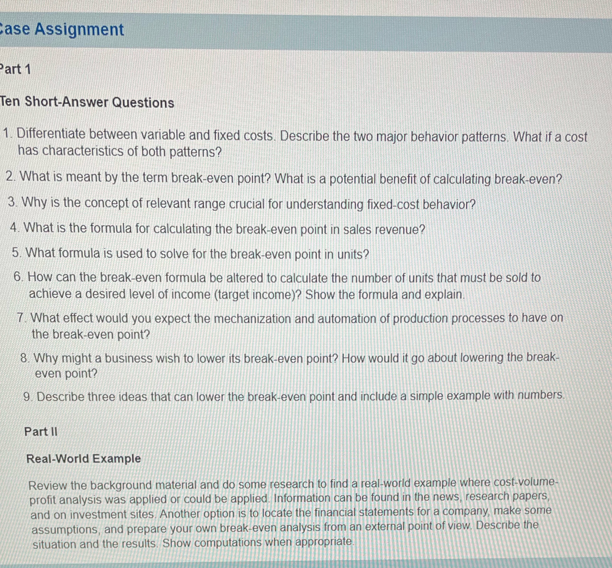 ase Assignment Part 1 Ten Short-Answer Questions