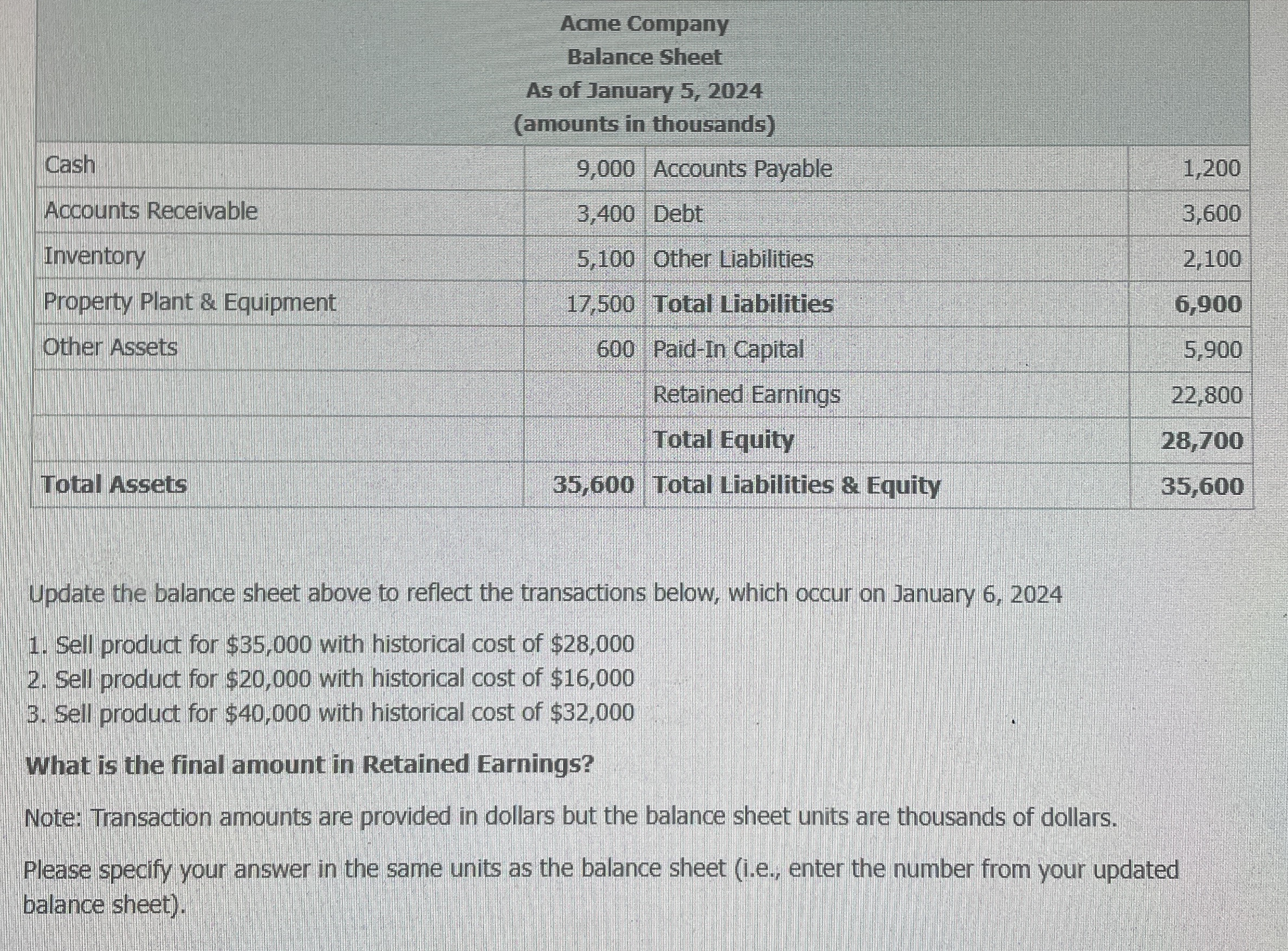 Acme Company Balance Sheet As of January 5 , 2 0
