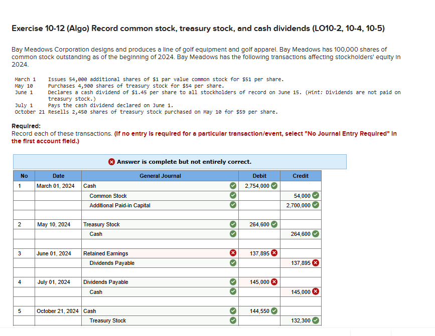 Exercise 1 0 - 1 2 ( Algo ) Record common stock,