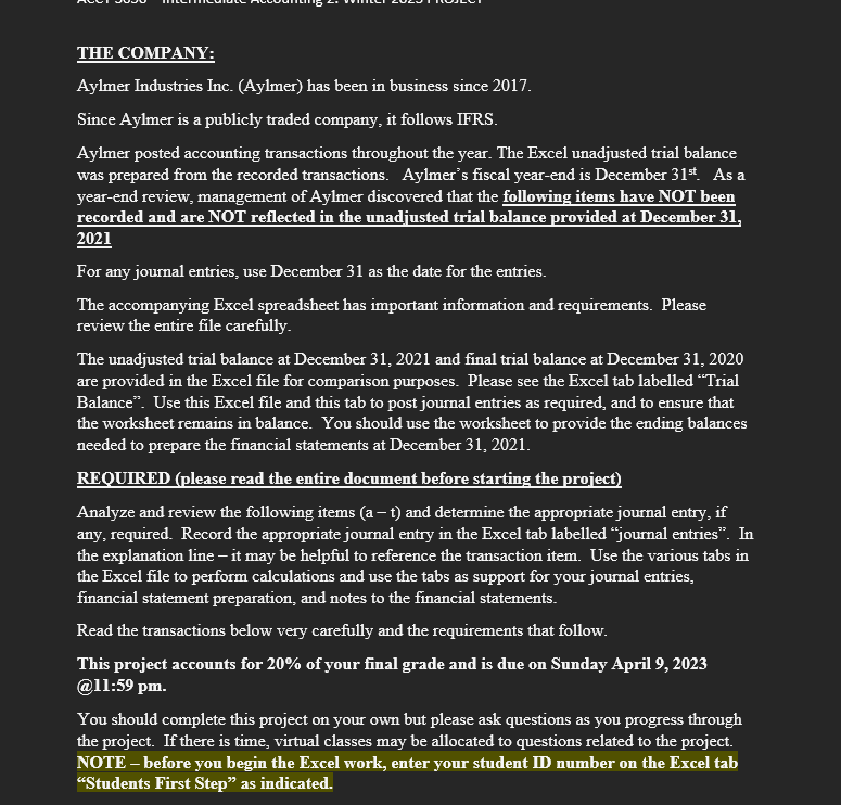 THE COMPANY: Aylmer Industries Inc. (Aylmer) has