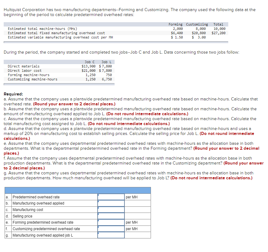 Hultquist Corporation has two manufacturing