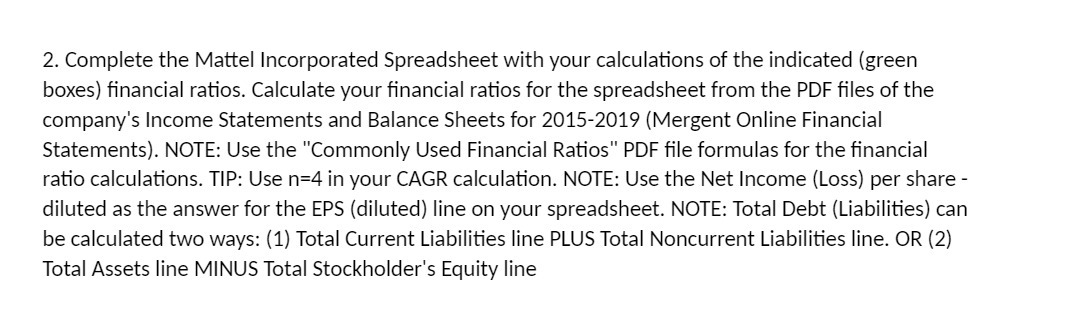 2. Complete the Mattel Incorporated Spreadsheet