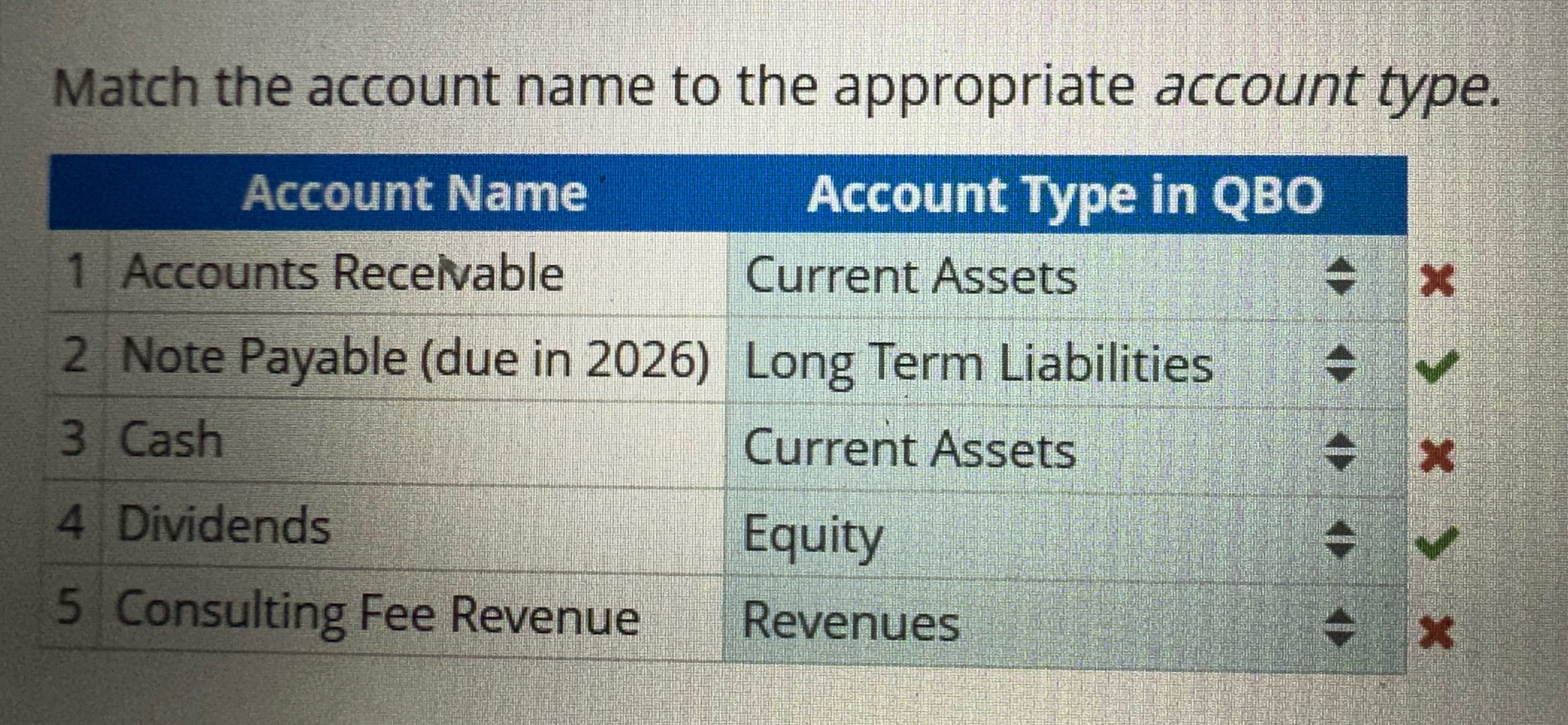 Match the account name to the appropriate account