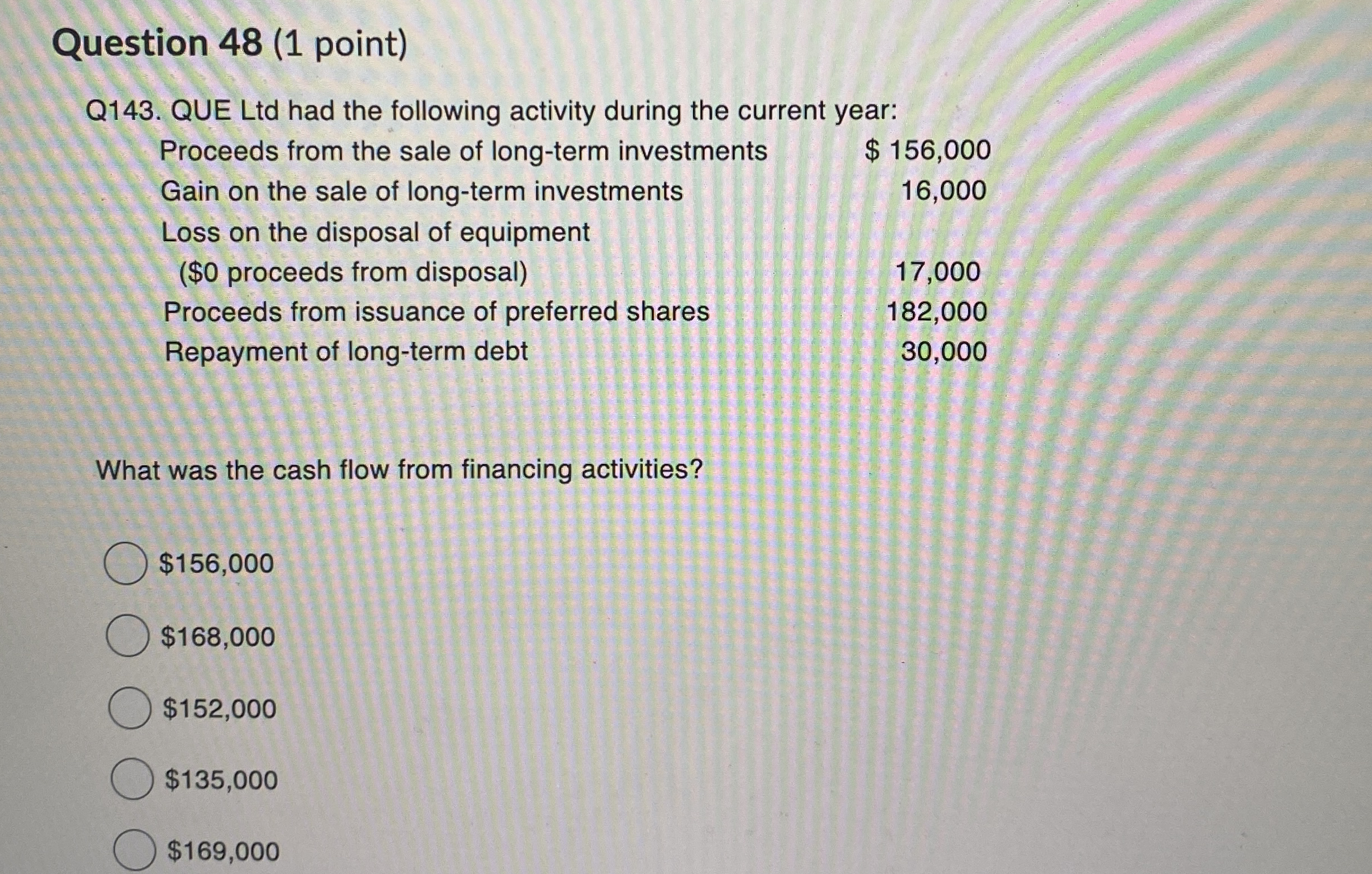 Question 4 8 ( 1 point ) Q 1 4 3 . QUE Ltd had