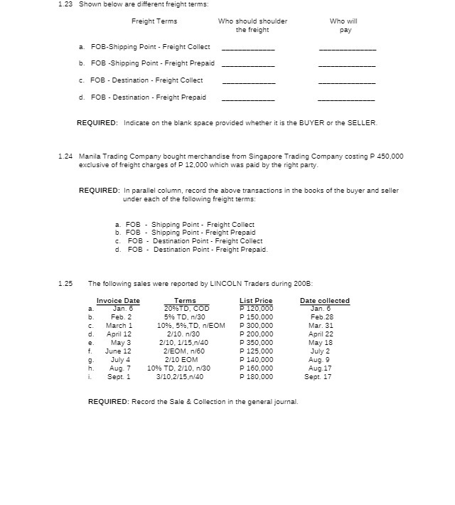 1.23 Shown below are different freight terms: