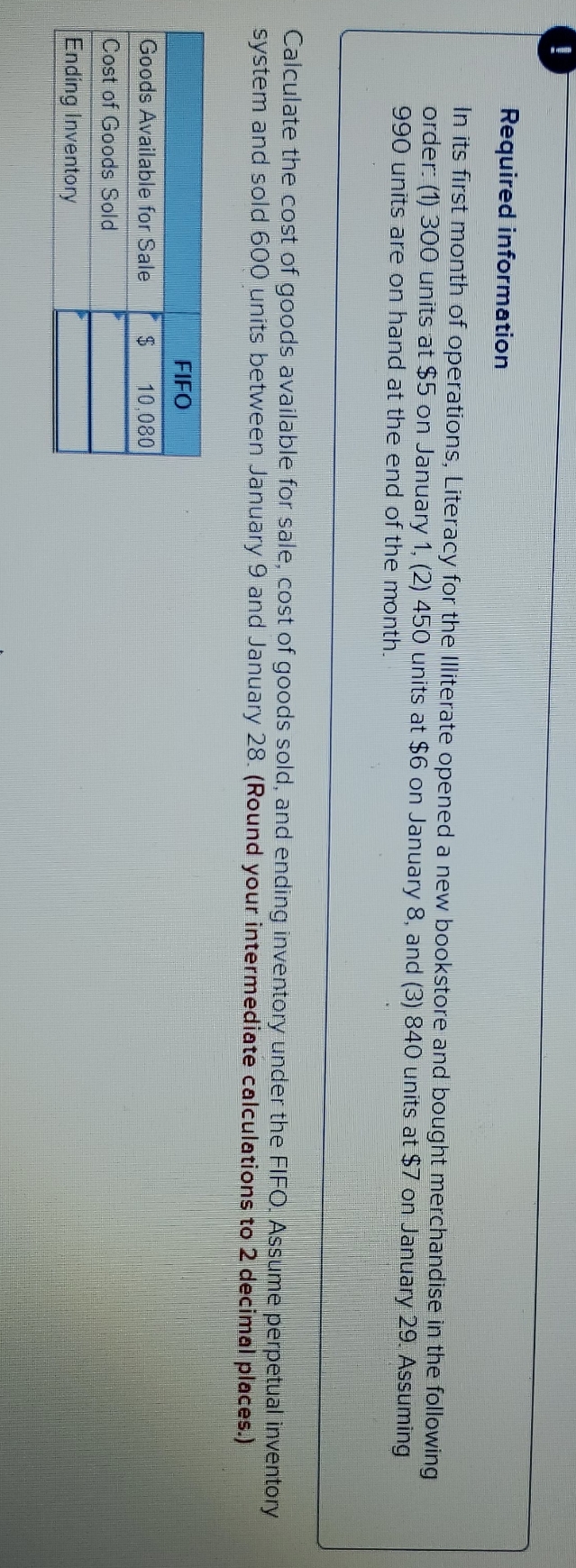 fifo method Required information In its first