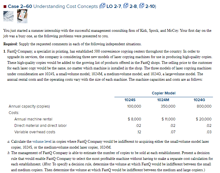 Case 2-60 Understanding Cost Concepts ( LO 2-7, 2