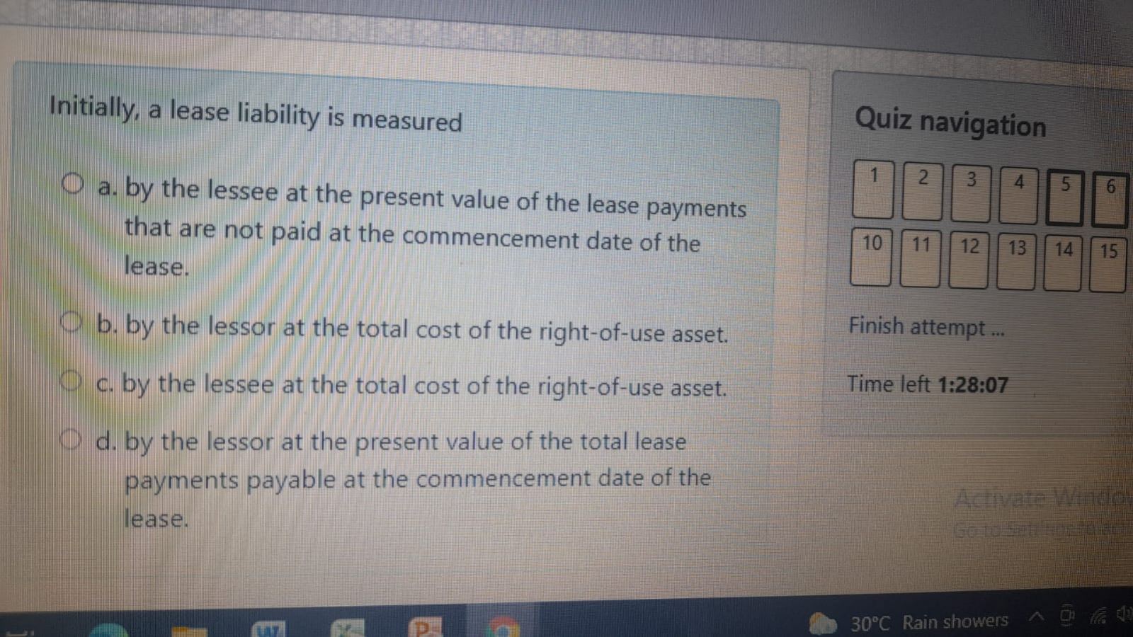 Initially, a lease liability is measured Quiz