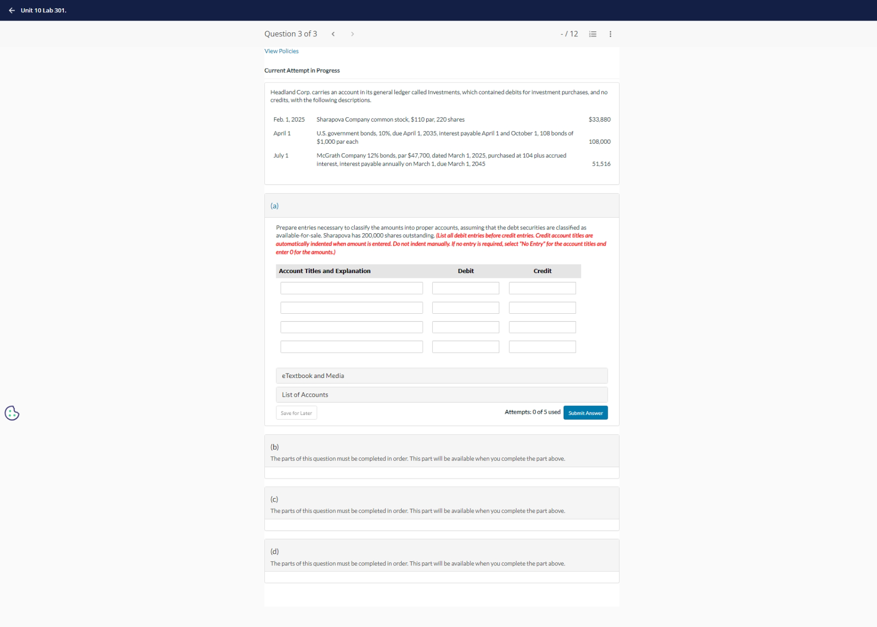 Unit 10 Lab 301. Question 3 of 3 < - /12 8 : View