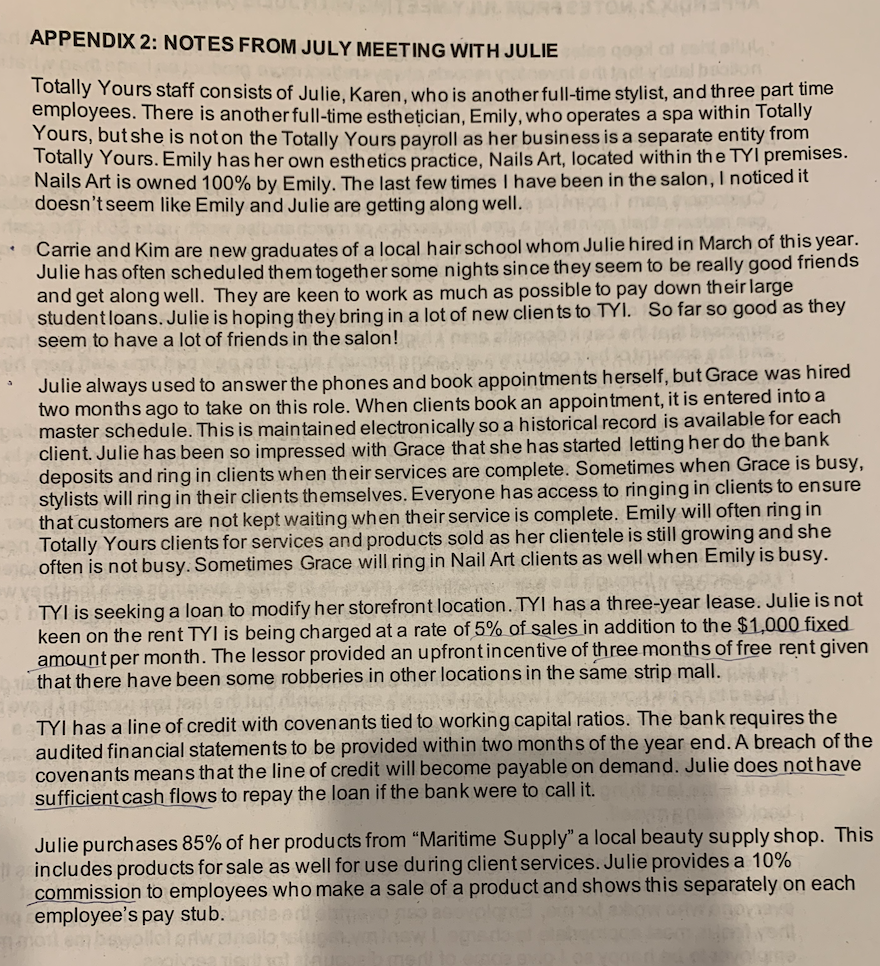 APPENDIX 2: NOTES FROM JULY MEETING WITH JULIE