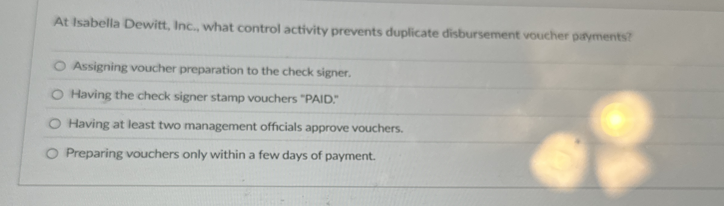 At Isabella Dewitt, Inc., what control activity