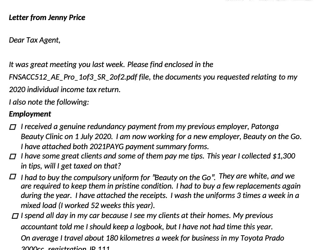 Letter from Jenny Price Dear Tax Agent, It was