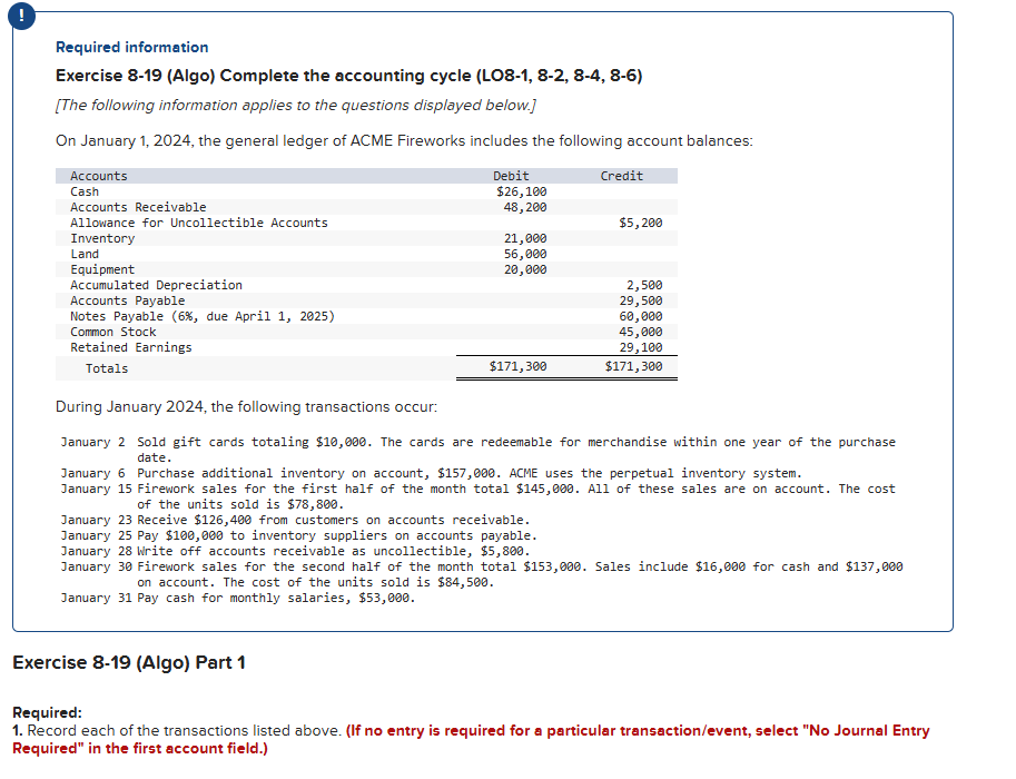 Required information Exercise 8 - 1 9 ( Algo )