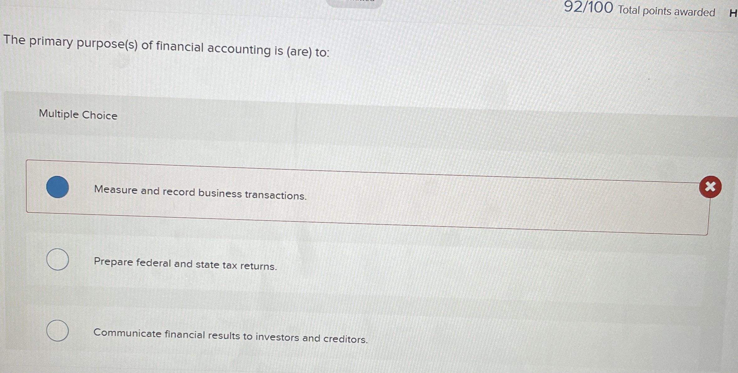 9 2 / 1 0 0 Total points awarded The primary