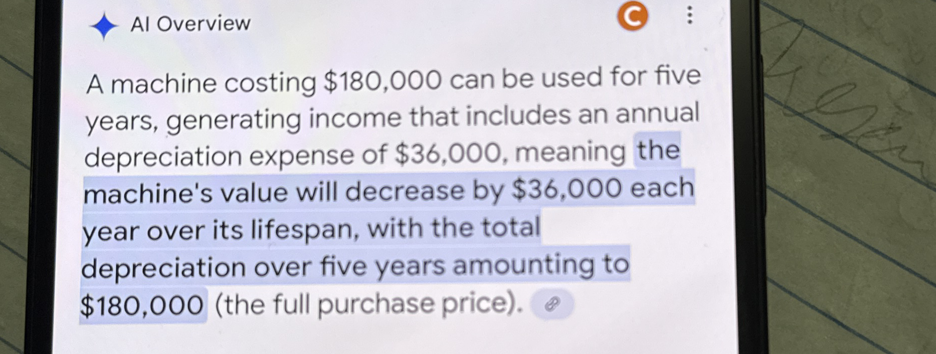 Al Overview A machine costing $ 1 8 0 , 0 0 0 can