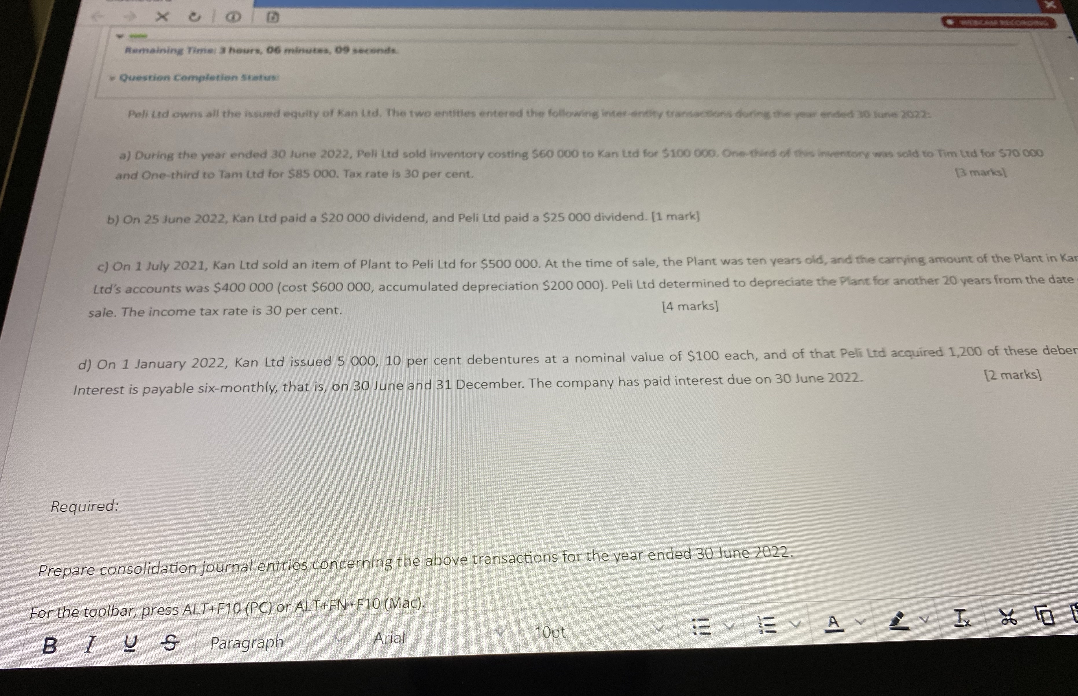corporate accounting Remaining Time: 3 hours, 06