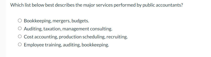 Which list below best describes the major