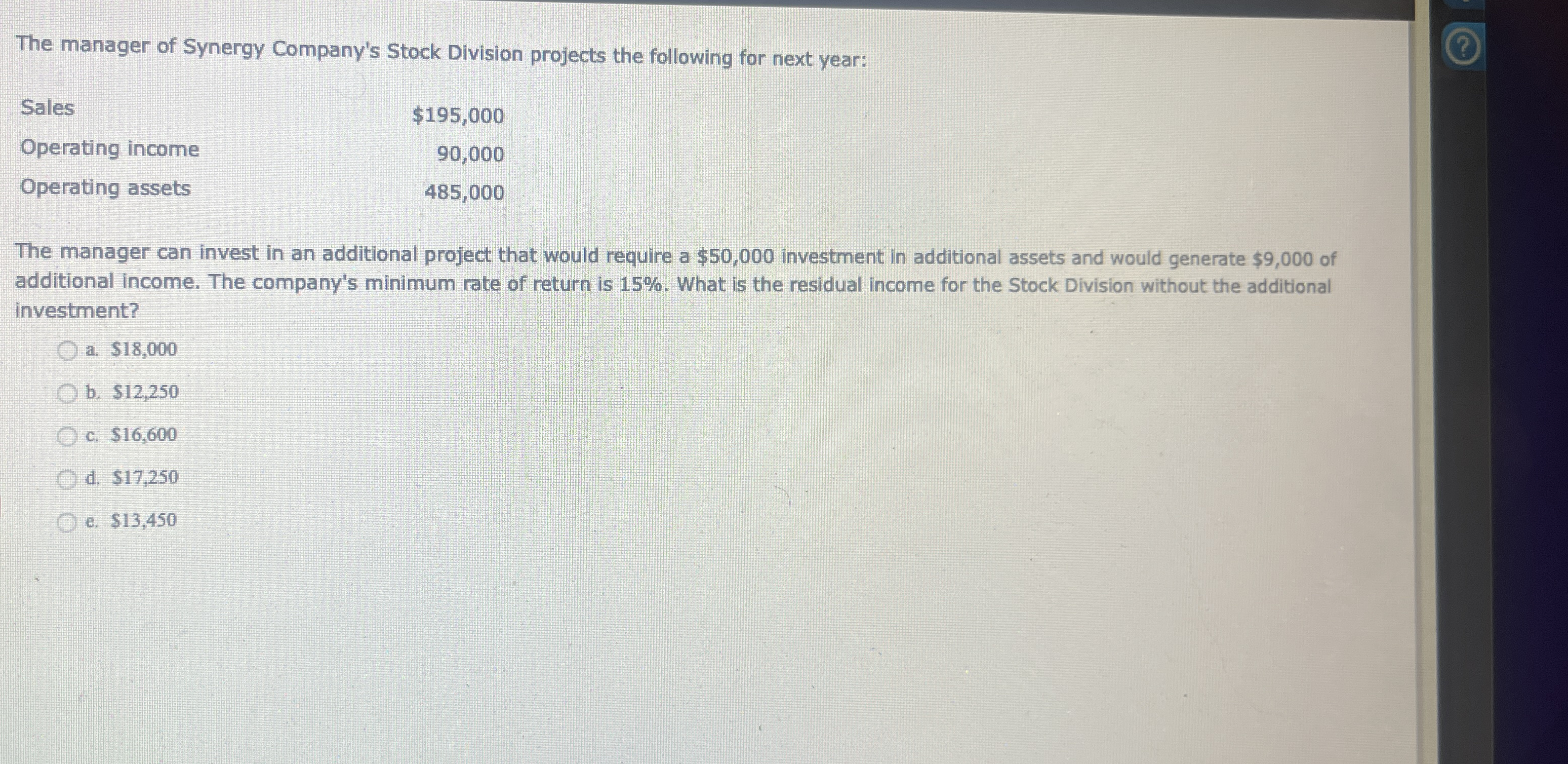 The manager of Synergy Company's Stock Division