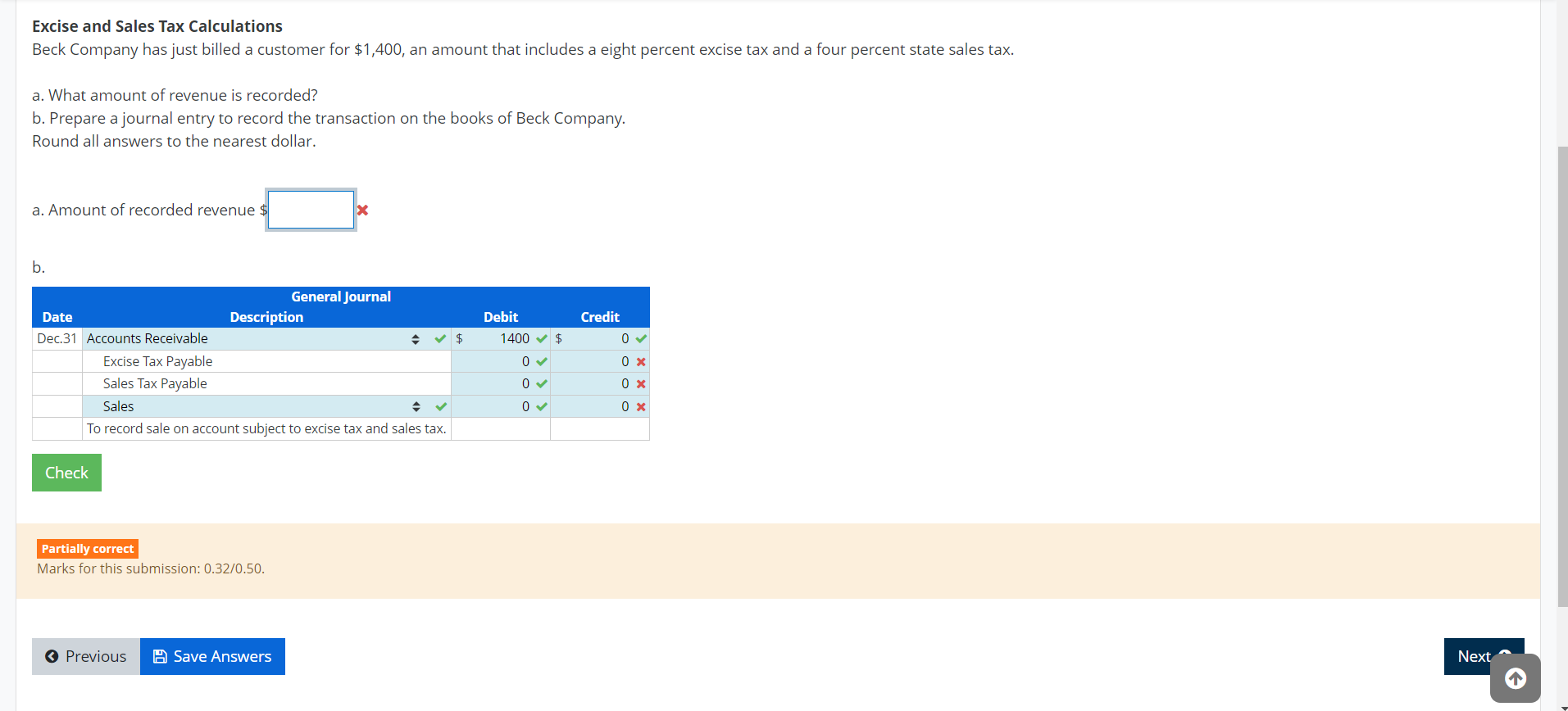 Excise and Sales Tax Calculations Beck Company