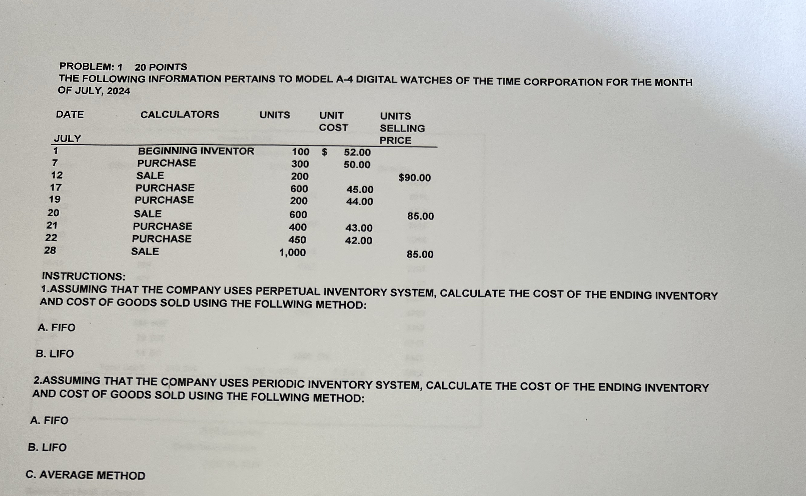PROBLEM: 1 2 0 POINTS THE FOLLOWING INFORMATION