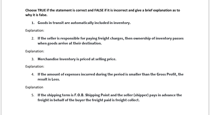 Choose TRUE if the statement is correct and FALSE