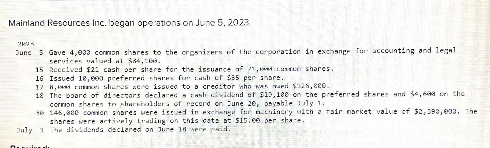 Mainland Resources Inc. began operations on June