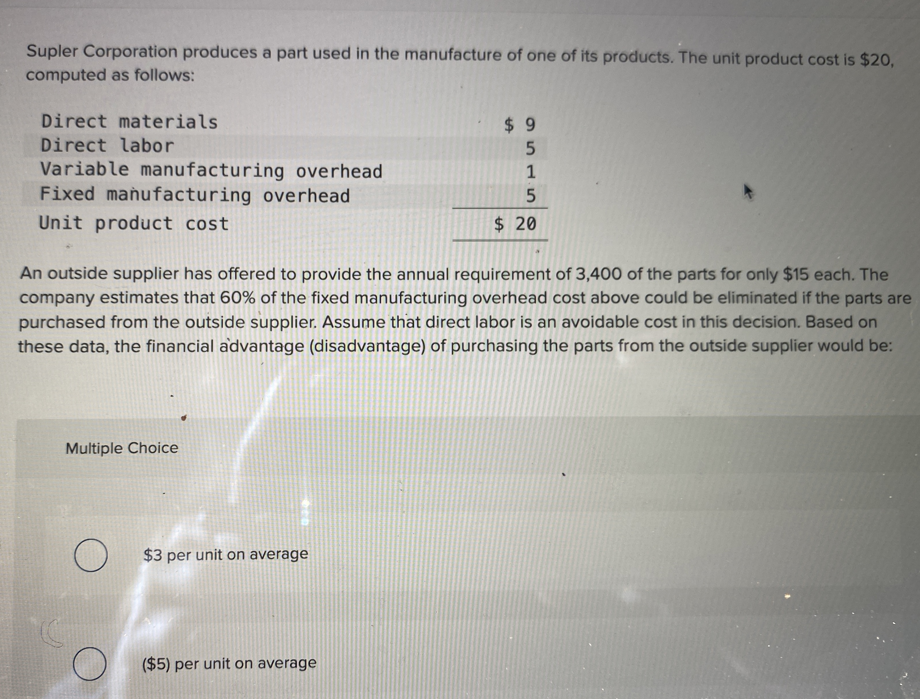 Supler Corporation produces a part used in the