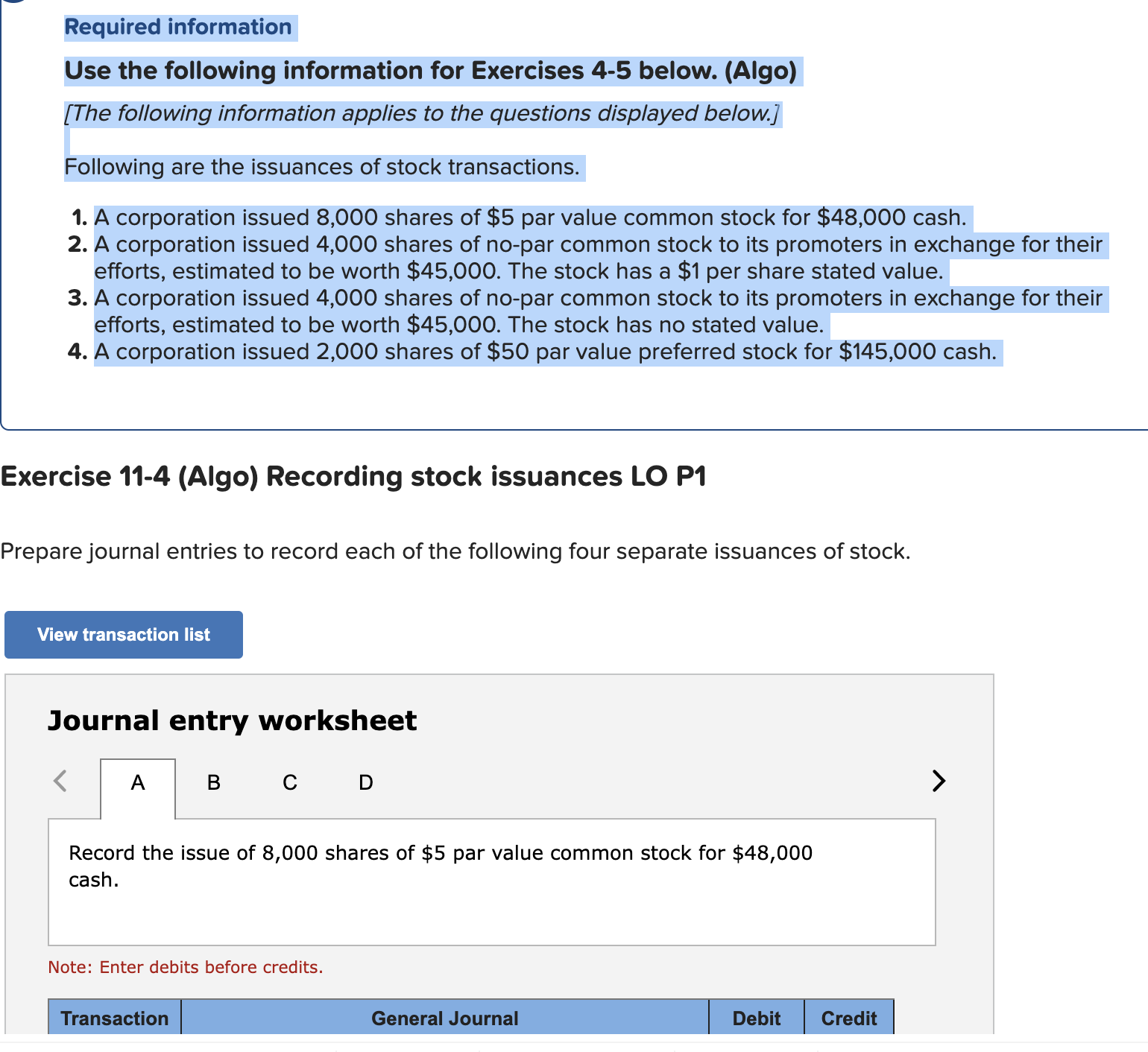 Required information Use the following